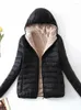 女性のトレンチコート寒い冬パーカーフードドウォームコートジャケットコットン韓国ファッションスリム豪華なカジュアルトップスを追加