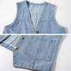 Mode col en v Denim gilet printemps été veste courte sans manches décontracté Chaleco simple boutonnage surdimensionné Jean gilet 240117