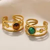 Кольца кластера, винтажное кольцо с зеленым камнем и кристаллом из натуральной бирюзы, кольцо золотого цвета из нержавеющей стали, регулируемое открытое ювелирное изделие в стиле бохо, подарок