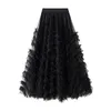 Jupes multicouches en maille tulle tutu pour femmes féecore doux taille haute plissée a-ligne jupe longue élégante gâteau de couleur unie