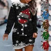 Robes décontractées Mode Noël Coupe de vin Imprimer Mini Femmes Automne et hiver Col rond Robe à manches longues Robe de flocon de neige Pull