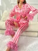 Women's Sleepwear RDMQ 2024 Feather Women Pajamas Set Satin Collar Striped Bust Pocket Silk Pjs Loungewear Lounge