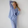 Damen-Nachtwäsche im französischen Stil, lose blau gestreift, bedruckt, Herbst- und Winter-Pyjamas, langärmelig, Großhandel, Damen-Homewear kann getragen werden