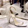 Сандалии на высоком каблуке со стразами и бантом, 2024 г., летние белые свадебные туфли, женские туфли на шпильке с острым носком и одинарной пряжкой