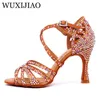 Wuxijiao Women Salsa Party Broom Shoes Shoes Latin Dance Shoes Big Small Rhinestone Shining Bronze Skin Black Satin Cuba Heel 9cm 240117