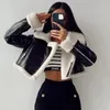 TRAF Women's Cropped Leather Jacket Coat Black Wool Blends Coats Bomber Tweed Jacket Autumn Winter Leather and Fur Crop Jacket 240117