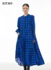 Casual Dresses Xitao Plaid Patchwork Stand Collar Contrast Color Single Breasted Loose Mid-Calf Slimming Dress 2024 Winter DMJ3419