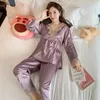 Mulheres sleepwear pijamas de seda gelo mulheres manga longa primavera e outono conjunto de duas peças luxo cetim casa roupas moda wear