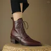 Boots 2024 Autumn/winter Genuine Leather Women Pointed Toe Chunky Heels For Versatile Lace Short Knight