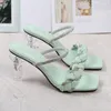 Talltor 2024 Summer Women 8.5cm High Heels Crystal Slides Mules Lady Weave Leather Clear Block Green Glitter Design Shoes