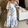 Casual Dresses Spring Sexig V-ringning 3/4 Sleeve Long Dress Women Elegant Floral Print Bohe Party Fall Fashion Hight Midje Pleated Maxi