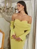 Casual Dresses Yellow Elegant Axless Bodycon Dress Women Sexy Off the Shoulder Full Sleeve Maxi Long Lady Celebrity Evening Party