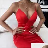 Basic Casual Kleider Casual Kleider 2022 Off Shoder Y Kleid Frauen Bodycon Sommer Satin Slip Riemchen Rückenfrei V-Ausschnitt Party Vestidos Dhkvr