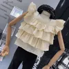 Women's Blouses Shirts French Layered Ruffled Sleeveless Chiffon Shirt Sexy Crop Top Square Collar Cake Plaid Blouse Retro Blusas Mujer Slim YQ240118