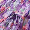 2024 Весеннее фиолетовое платье с цветочным принтом и поясом, длинные рукава с лацканами и пуговицами, длинные повседневные платья макси S4J090110