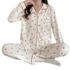 Vêtements de nuit pour femmes Pyjamas en polyester Ensemble de pyjama d'hiver à imprimé de dessin animé confortable avec col en V à simple boutonnage Taille élastique Doux Long pour le froid