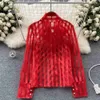 Women's Blouses Shirts New Spring Women's Sexy Perspective Red Striped Organza Blouses Office Lady Lace-up Bow Mesh Blusas Tops Long Sleeve Black Shirt YQ240118