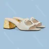 Sommar ny stil hög häl sko sandale lady glid mode klackar sandal kvinnor klänning skor lyxiga skjutreglage äkta läder toffel med låddesigner gummi loafer mule