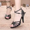 Dileechi brons svart satin latin dansskor kvinnor strass balsal dansskor salsa fest sandal skor hög klack 10 cm 240117