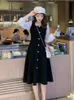 QWEEK Stile Coreano Abito Nero Donna Vintage Colletto Quadrato Manica Lunga Abiti Midi Kpop Moda Autunno Abiti Donna 240117