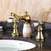 Rubinetti per lavabo bagno Luxury Gold 3 fori 2 maniglie Rubinetto in ottone Miscelatore lavabo su e giù Vasca estraibile di alta qualità