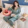 Mulheres sleepwear pijamas de seda gelo mulheres manga longa primavera e outono conjunto de duas peças luxo cetim casa roupas moda wear