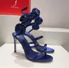 2024 Rene Caovilla Rose Flower Sandals Satin Snake Strass Stiletto Heels Women’s High Cheeled Luxury Writing WrapaRound Shoes with Box