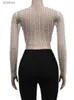 Blouses Femmes Chemises RLMABABY Sexy See Through Diamond Pearl Femmes Chemisier Court Chemises Été O Cou À Manches Longues Street Hottie Girl Mesh Crop Top YQ240118