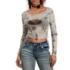 T-shirts pour femmes Xingqing Grunge Crop Top Y2K Vêtements Femmes Graphique Papillon Imprimé Volants Garniture Col Rond Chemise À Manches Longues Esthétique