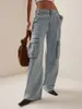 Jeans da donna Donna S Blu cielo Baggy a vita bassa Y2K Pantaloni larghi in denim a gamba dritta con multi tasche Pantaloni streetwear per adolescenti