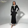 Casual Dresses Clacive Fashion Black Knitted Women'S Dress 2024 Bodycon Lapel Long Sleeve Ankle Length Elegant Classic Female