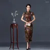 Etniska kläder 2024 Vintage Long Cheongsam Women Sexig Slim Split Qipao Classic Chinese Traditional Dress Print Flower Evening Party Party