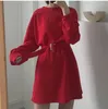 Casual Dresses Skirt Female Waist Is Thin Spring And Autumn Solid Color T-shirt Long-sleeved Dress Korean Assembly Belt