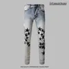 European and American Trend Retro Street Men's Jeans, Star-Patched Leather, Water-Washed Vintage Embroidery, Hip-Hop Rap Drill Pants, Designer Drip Style Long Trousers