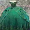 Green Shiny Off the Shoulder Quinceanera Dresses Beads Applique Lace Sweet 16 Birthday Party Ball Gowns vestidos de 15