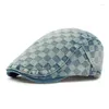 Berets Cap Women Checkerboard Washed Denim Beret Men British Forward Sboy Caps For Driver Ivy Hat Gorro Hombre Boina