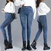 Kvinnor Thin Fleece Imitation Denim Pants Stretchy High midja varm sammet leggings Autumn Winter Slimming Tights 240117