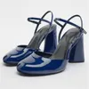 Sandals Spring Summer Chunky Heels Pumps Patent Leather Round Toe Sandalias De Mujer Dark Blue Shoes For Women Career Zapatos