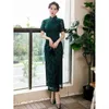 Etniska kläder gamla Shanghai spetsar Long Cheongsam Women's Autumn 2024 Green Retro Slim Fit Dress