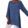 Blouse Women Solid Color Cotton Linen O-Neck Long Sleeve Irregular Tunic Top Spring Summer Oversized Shirts 240117