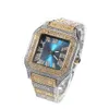 2021 heißer Verkauf Rosa Blau Mix Farbe Quadratische Uhr Mode Hip Hop Quarz Diamant Uhr für Männer Iced Out Rapper quadratische Uhr