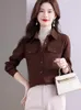 Blouses Femmes Automne Violet Revers Femmes Chemises En Coton Beige Chemisier Élégant Bureau À Manches Longues Lâche Marron Simple Boutonnage Tops Mode