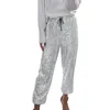 Kvinnors byxor Fashion Sequins Trousers Solid Color Sparkle Party Clothing Loose Drawstring Wide Leg