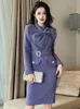 Kadınlar için Kadınlar Zarif Moda Mi Elbise Mor Tüvit Parlak İpek Tassel Kemer Robe Profesyonel İş Ofisi Leydi Vestiod 240117