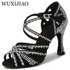 WUXIJIAO Women Party Dance Shoes Satin Shining rhinestones Soft Bottom Latin Dance Shoes Woman Salsa Dance Shoes heel 240117