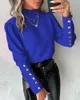 Women's Blouses Women Spring Shirt Button Decor Lace Patchwork V-shaped T-Shirt Back Backless Solid Color Round Neck Soft Lady Blouse