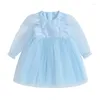 Meisje Jurken Baby Tutu Tule Jurk Peuter Elegante Lange Mouw Veren Trim Mini Herfst Ronde Hals Prinses Feest