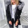 Women'S Jackets Womens Jackets Faux Fur Hooded Jean Jacket Woman Stylish Parka Retro P Collar Denim Coat Thick Long Sleeve Frayed Over Dhwkj