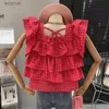 Women's Blouses Shirts French Layered Ruffled Sleeveless Chiffon Shirt Sexy Crop Top Square Collar Cake Plaid Blouse Retro Blusas Mujer Slim YQ240118