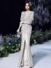 New Banquet Style Eegant Long Sleeved Sequined Queen Fish tail Evening Dress Prom Gown